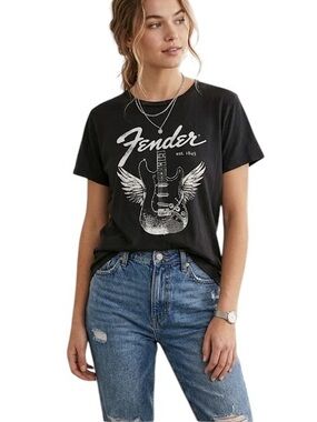 Fender Black Tee with White Guitar and Wing Graphic